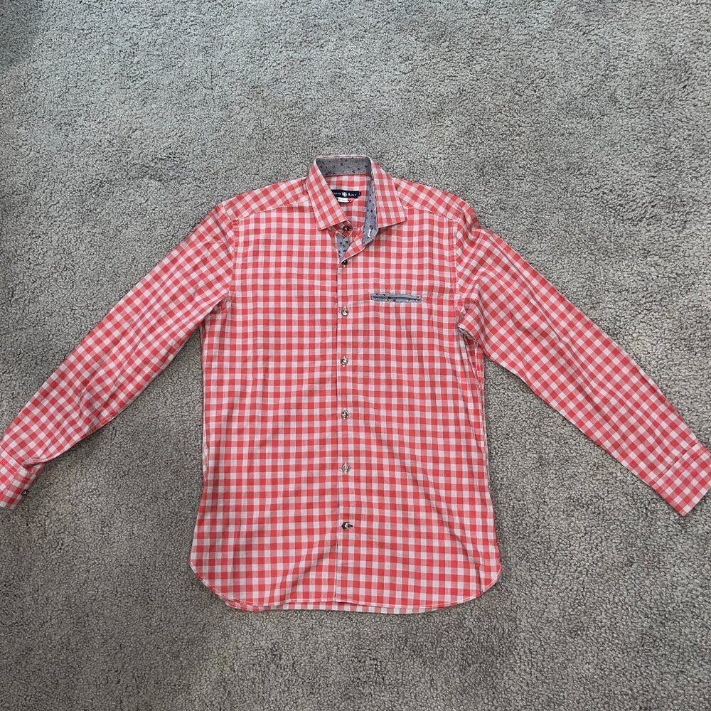 Stone Rose Men's Size 2 (Small) Fitted Shirt - Red Grey Plaid- 100% Cotton - EUC
